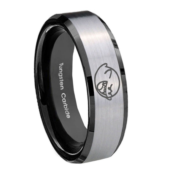 8mm Mario Boo Ghost Beveled Brush Black 2 Tone Tungsten Wedding Engraving Ring