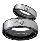 His Hers Mario Boo Ghost Beveled Brush Black 2 Tone Tungsten Engraved Ring Set