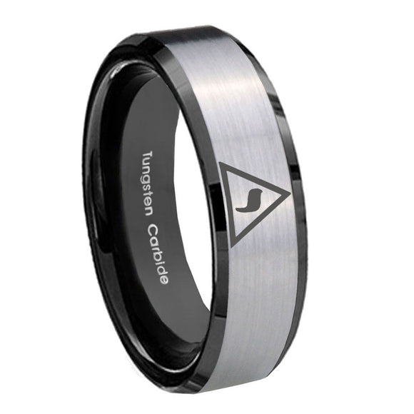 10mm Masonic Yod Beveled Edges Brushed Silver Black Tungsten Carbide Mens Ring