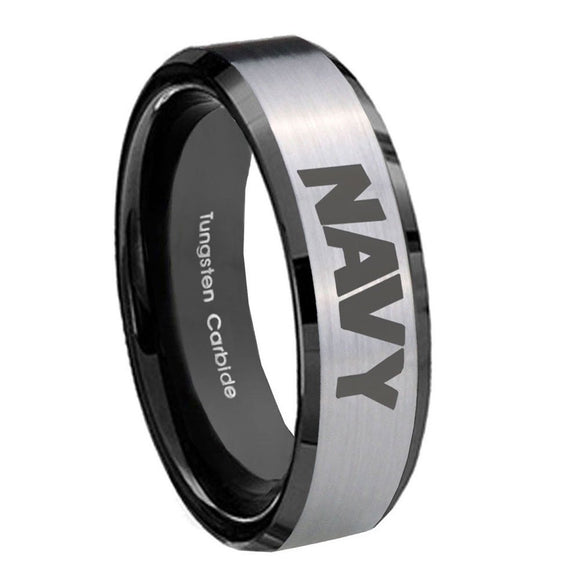 8mm Navy Beveled Edges Brush Black 2 Tone Tungsten Carbide Men's Wedding Ring