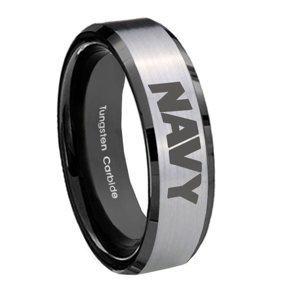 10mm Navy Beveled Edges Brushed Silver Black Tungsten Carbide Anniversary Ring