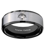 10mm Wolf Beveled Brushed Silver Black Tungsten Custom Mens Ring