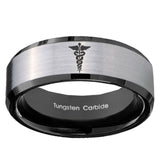 10mm Medical Symbol Beveled Brushed Silver Black Tungsten Custom Mens Ring