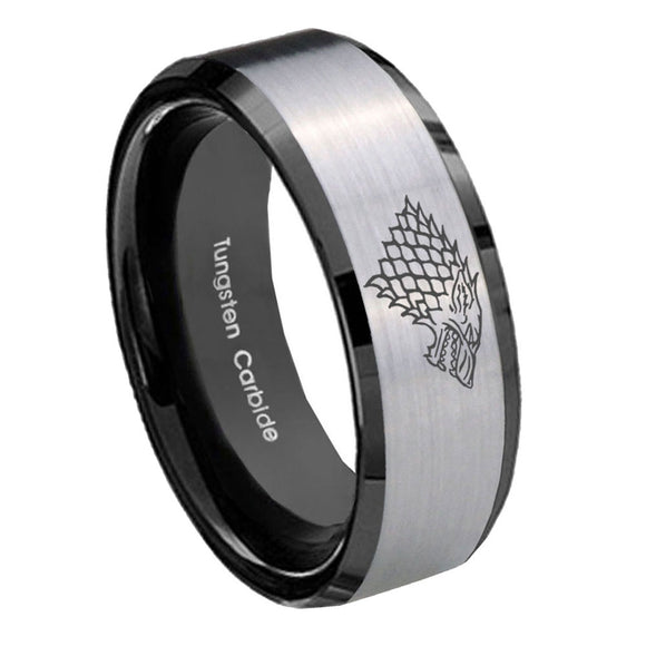 10mm Game Of Thrones House Stark Direwolf Beveled Brushed Silver Black Tungsten Custom Mens Ring