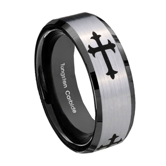 8mm Christian Cross Religious Beveled Brush Black 2 Tone Tungsten Wedding Engraving Ring