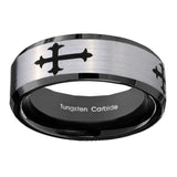 10mm Christian Cross Religious Beveled Brushed Silver Black Tungsten Custom Mens Ring