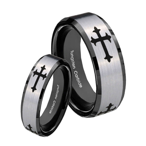 His Hers Christian Cross Religious Beveled Brush Black 2 Tone Tungsten Mens Ring Set