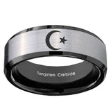 10mm Crescent Moon Stars Beveled Brushed Silver Black Tungsten Custom Mens Ring