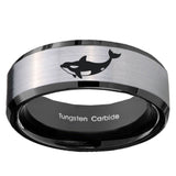 10mm Keller Whale Beveled Brushed Silver Black Tungsten Custom Mens Ring