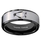 10mm Penguin Beveled Brushed Silver Black Tungsten Custom Mens Ring