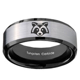 10mm Raccoon Animal Beveled Brushed Silver Black Tungsten Custom Mens Ring