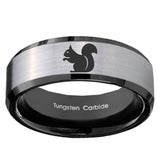 10mm Squirrel Beveled Brushed Silver Black Tungsten Custom Mens Ring