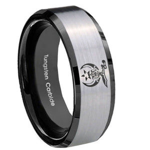 8mm Masonic Shriners Beveled Brush Black 2 Tone Tungsten Mens Engagement Band