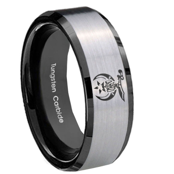 10mm Masonic Shriners Beveled Brushed Silver Black Tungsten Mens Ring Engraved