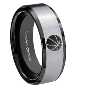 8mm Basketball Beveled Edges Brush Black 2 Tone Tungsten Wedding Band Ring