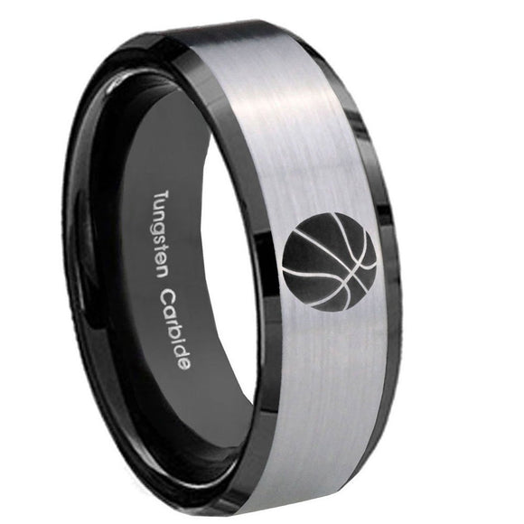 8mm Basketball Beveled Edges Brush Black 2 Tone Tungsten Wedding Band Ring