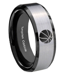 10mm Basketball Beveled Brushed Silver Black Tungsten Wedding Engraving Ring