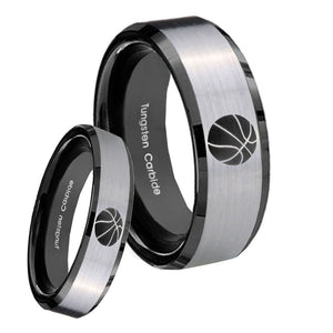 His Hers Basketball Beveled Brush Black 2 Tone Tungsten Men's Band Set