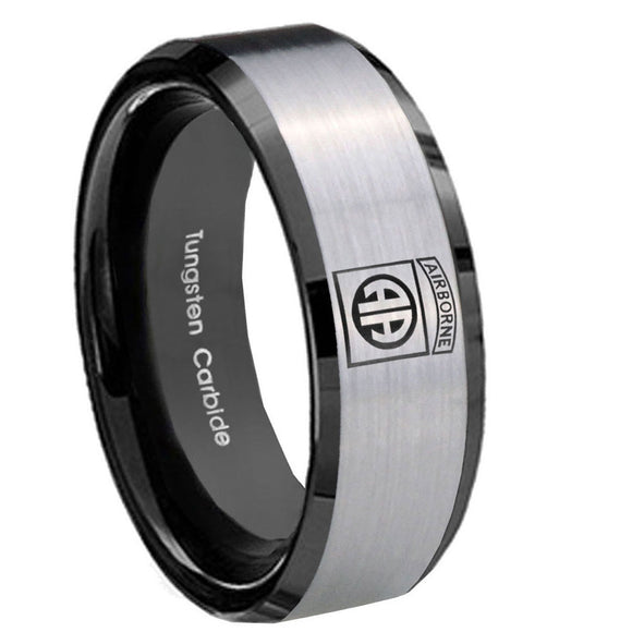 10mm Army Airborn Beveled Edges Brushed Silver Black Tungsten Mens Wedding Ring