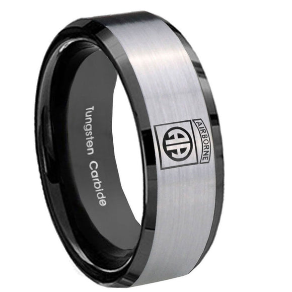 8mm Army Airborn Beveled Edges Brush Black 2 Tone Tungsten Carbide Promise Ring