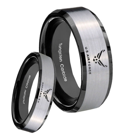 His Hers Silver Black US Air Force 2 Tone Tungsten Carbide Wedding Rings Set