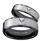 His Hers Silver Black US Air Force 2 Tone Tungsten Carbide Wedding Rings Set