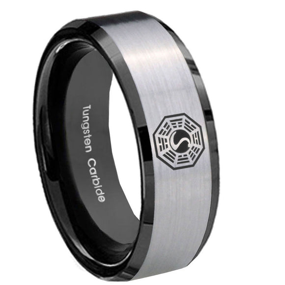 10mm Lost Dharma Beveled Edges Brushed Silver Black Tungsten Mens Bands Ring