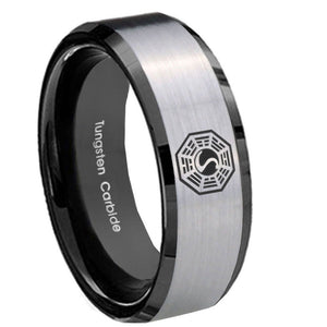 8mm Lost Dharma Beveled Edges Brush Black 2 Tone Tungsten Men's Band Ring