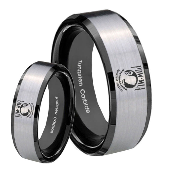 His Hers Military Pow Beveled Brush Black 2 Tone Tungsten Men's Band Set