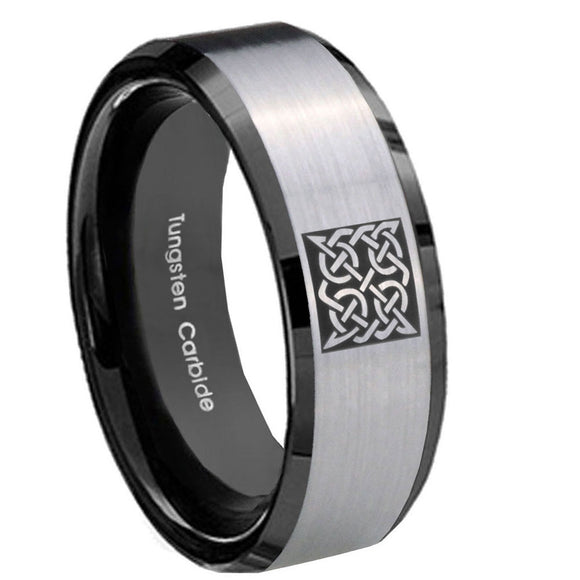 10mm Celtic Design Beveled Edges Brushed Silver Black Tungsten Men's Bands Ring