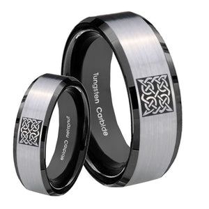 His Hers Celtic Design Beveled Brush Black 2 Tone Tungsten Men Ring Set