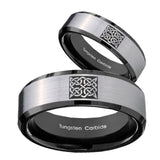 His Hers Celtic Design Beveled Brush Black 2 Tone Tungsten Men Ring Set