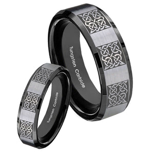 His Hers Multiple Celtic Beveled Brush Black 2 Tone Tungsten Mens Ring Set