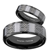 His Hers Multiple Celtic Beveled Brush Black 2 Tone Tungsten Mens Ring Set