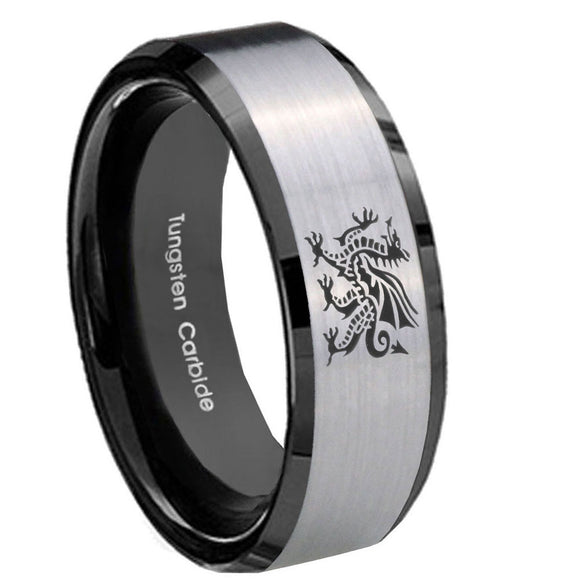 10mm Dragon Beveled Edges Brushed Silver Black Tungsten Carbide Men's Band Ring