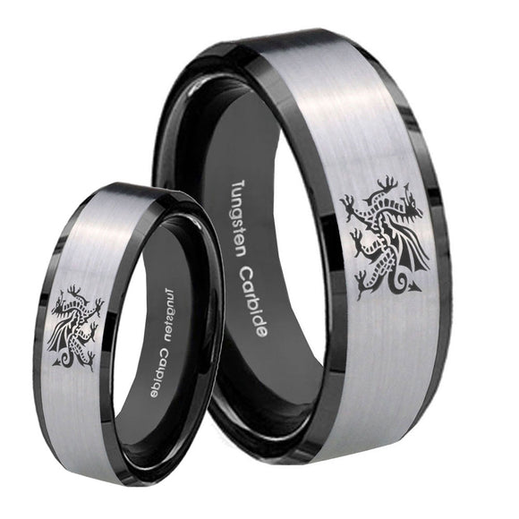 His Hers Dragon Beveled Brush Black 2 Tone Tungsten Men's Engagement Ring Set
