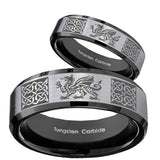 His Hers Multiple Dragon Celtic Beveled Brush Black 2 Tone Tungsten Mens Ring Set