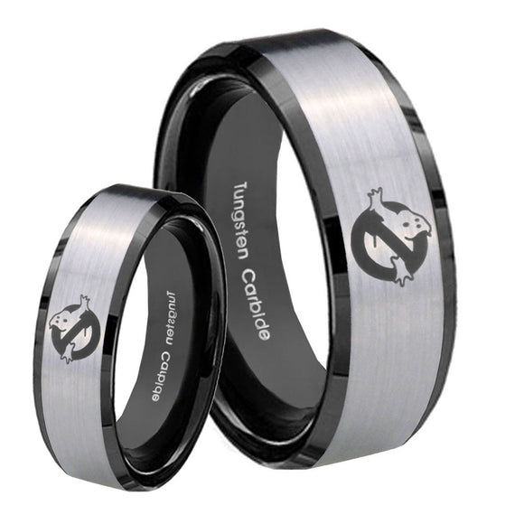 His Hers Ghostbusters Beveled Brush Black 2 Tone Tungsten Men's Ring Set