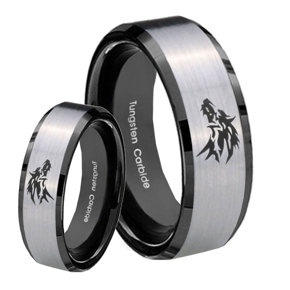 His Hers Wolf Beveled Edges Brush Black 2 Tone Tungsten Personalized Ring Set