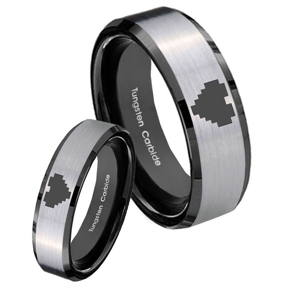 His Hers Silver Black Zelda Heart 2 Tone Tungsten Carbide Wedding Rings Set