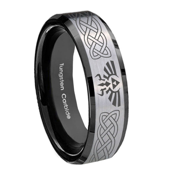 10mm Celtic Zelda Beveled Edges Brushed Silver Black Tungsten Men's Ring