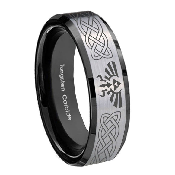 8mm Celtic Zelda Beveled Brush Black 2 Tone Tungsten Wedding Engraving Ring