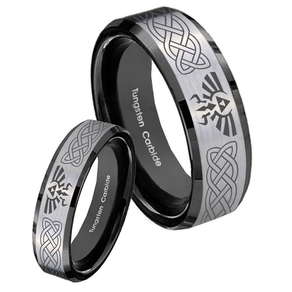 His Hers Celtic Zelda Beveled Brush Black 2 Tone Tungsten Custom Mens Ring Set