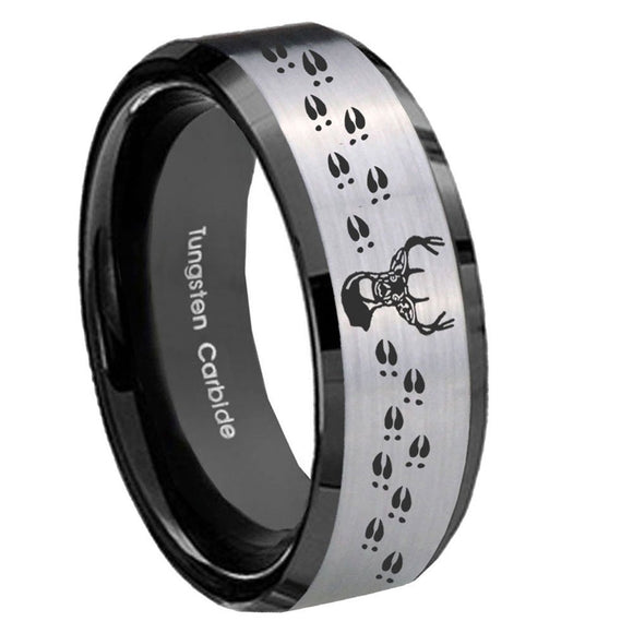 8mm Deer Antler Beveled Brush Black 2 Tone Tungsten Wedding Engraving Ring