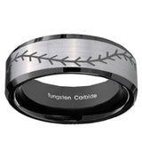 10mm Baseball Stitch Beveled Brushed Silver Black Tungsten Mens Ring Engraved