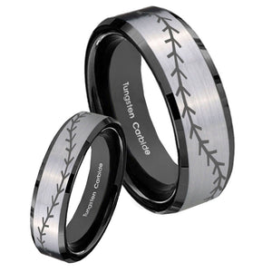 His Hers Baseball Stitch Beveled Brush Black 2 Tone Tungsten Men's Ring Set