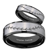 His Hers Baseball Stitch Beveled Brush Black 2 Tone Tungsten Men's Ring Set