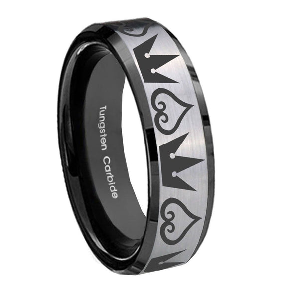8mm Hearts and Crowns Beveled Edges Brush Black 2 Tone Tungsten Engagement Ring