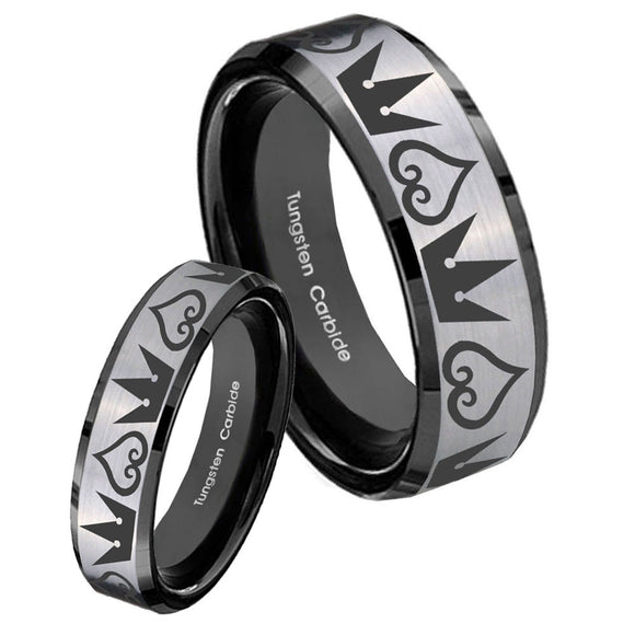 His Hers Hearts and Crowns Beveled Brush Black 2 Tone Tungsten Mens Ring Set