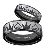 His Hers Hearts and Crowns Beveled Brush Black 2 Tone Tungsten Mens Ring Set
